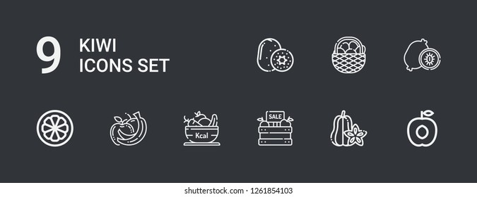 Editable 9 kiwi icons for web and mobile. Set of kiwi included icons line Apricot, Carambola, Fruit, Fruits, Mangosteen, Kiwi on dark background