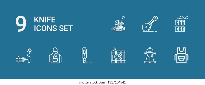 Editable 9 knife icons for web and mobile. Set of knife included icons line Apron, Cooker, Dinamite, Cutter, Dynamite, Pizza cutter, Picnic on blue background