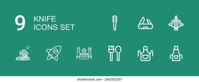 Editable 9 iconos de cuchillo para web y móvil. Conjunto de cuchillos incluidos íconos línea Apron, Utensils, Lunch, Adventure, Picnic, Crossbow, cuchillo del ejército suizo, Armas en fondo verde