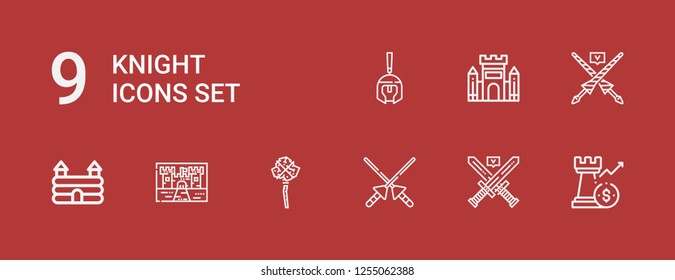 Editable 9 knight icons for web and mobile. Set of knight included icons line Rook, Swords, Spears, Mace, Castle, Lance, Roman helmet on red background