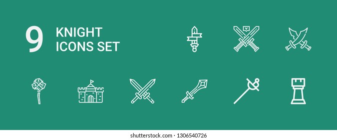 Editable 9 knight icons for web and mobile. Set of knight included icons line Rook, Sword, Swords, Castle, Mace on green background