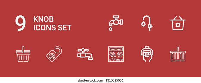 Editable 9 knob icons for web and mobile. Set of knob included icons line Shopping basket, Handle, Control panel, Tap, Door hanger, Faucet on red background