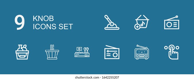 Editable 9 knob icons for web and mobile. Set of knob included icons line Tap, Radio, Control, Basket, Shopping basket on blue background