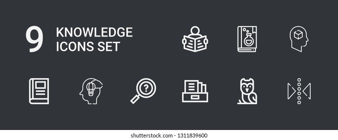 Editable 9 knowledge icons for web and mobile. Set of knowledge included icons line Reflect, Owl, Literature, Information, Imagination, Book, Thinking, Read on dark background