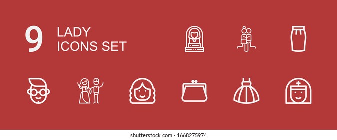 Bearbeitbare 9 Damensymbole für Web und Mobile. Set Dame enthält Symbole Zeile Nun, Kleid, Purse, Frau, Paar, Junge, Rot auf rotem Hintergrund