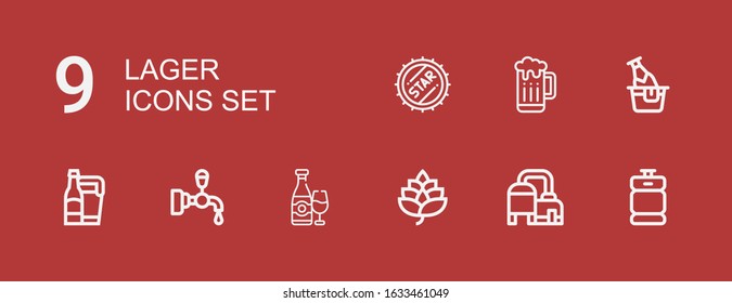 Editable 9 lager icons for web and mobile. Set of lager included icons line Beer keg, Beer, Hop, Beer tap, Bottle cap on red background