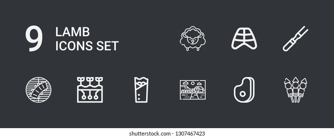 Editable 9 lamb icons for web and mobile. Set of lamb included icons line Skewer, Meat, Farm, Kebab, Farming, Ribs, Sheep on dark background