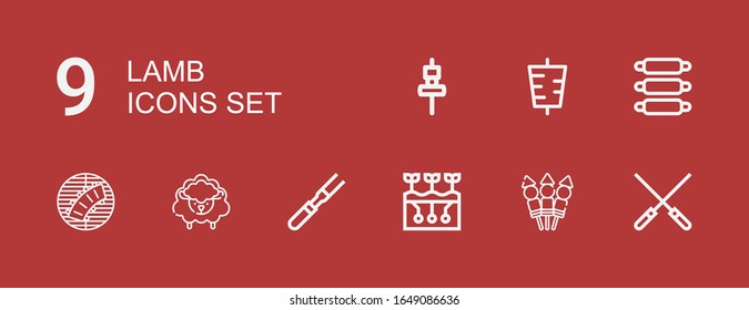 9 iconos de cordero editables para web y móvil. Conjunto de cordero incluido los iconos de la línea Skewers, Skewer, Farming, Meat, Sheep, Ribs, Kebab sobre fondo rojo