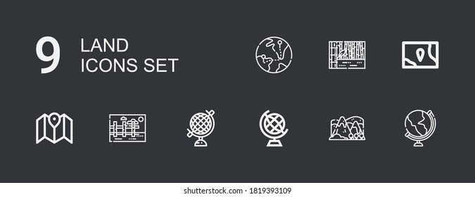 Editable 9 íconos de tierra para web y móvil. Conjunto de tierra incluido íconos línea Globe, Hill, Earth globo, Paisaje, Mapa sobre fondo oscuro