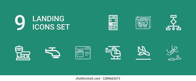 Editable 9 landing icons for web and mobile. Set of landing included icons line Skydiving, Landing page, Helicopter, Web page, Airport, Wireframes, Wireframe on green background