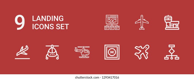 Editable 9 landing icons for web and mobile. Set of landing included icons line Wireframes, Aviation, Helipad, Helicopter, Landing, Airport, Aircraft, Wireframe on red background