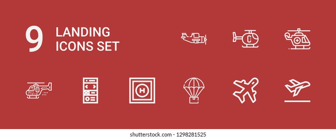 Editable 9 landing icons for web and mobile. Set of landing included icons line Take off, Aviation, Parachute, Helipad, Landing page, Helicopter, Aeroplane on red background