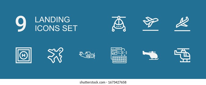 Iconos editables 9 para web y móvil. Juego de aterrizaje incluido íconos línea Helicóptero, armazón, avión, aviación, helipuerto, aterrizaje, despegue en fondo azul