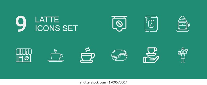 Bearbeitbar 9 Latte Icons für Web und Mobile. Set Set mit Latte-Ikonen Zeile Barista, Kaffee, Kaffeebbohne, Cup, Café, Cappuccino auf grünem Hintergrund