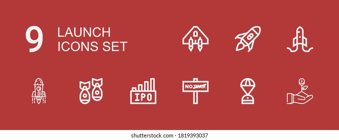 Editable 9 launch icons for web and mobile. Set of launch included icons line Startup, Space capsule, War, Ipo, Missile, Rocket launch, Spaceship on red background