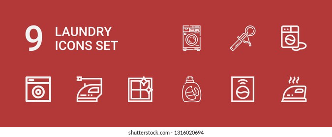 Editable 9 laundry icons for web and mobile. Set of laundry included icons line Iron, Washing machine, Detergent, Clean window, Scoop on red background