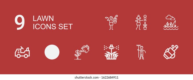 Editable 9 lawn icons for web and mobile. Set of lawn included icons line Golf, Gardener, Sprinkler, Garden, Mower, Lawn on red background