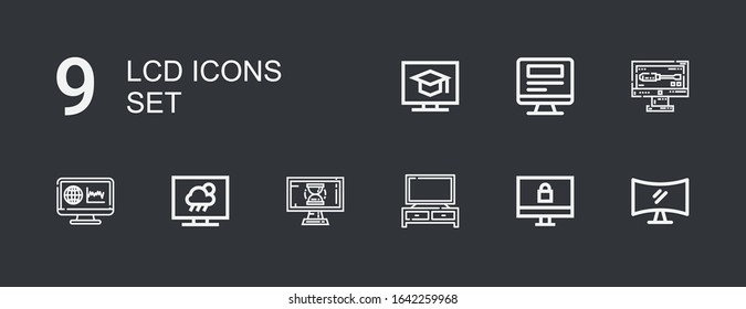 Editable 9 lcd icons for web and mobile. Set of lcd included icons line Television, Monitor, Monitoring on dark background