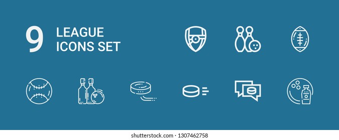 Editable 9 league icons for web and mobile. Set of league included icons line Bowling, Puck, Baseball, Rugby ball, Arsenal on blue background