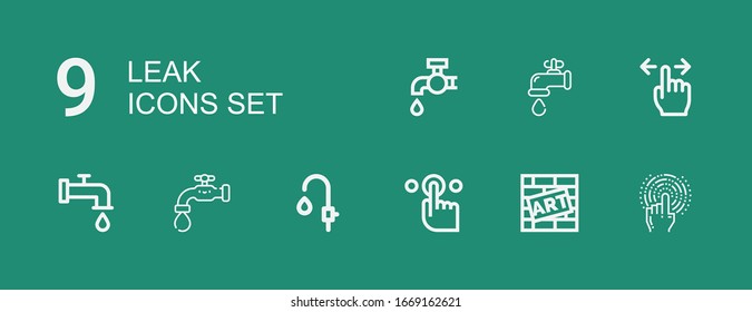 Editable 9 leak icons for web and mobile. Set of leak included icons line Tap, Graffiti, Faucet, Water tap on green background