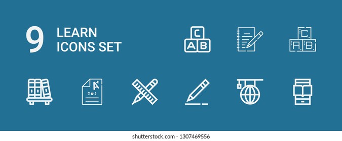 Editable 9 learn icons for web and mobile. Set of learn included icons line Ereader, Learning, Pencil, Exam, Bookshelf, Abc, Writing on blue background