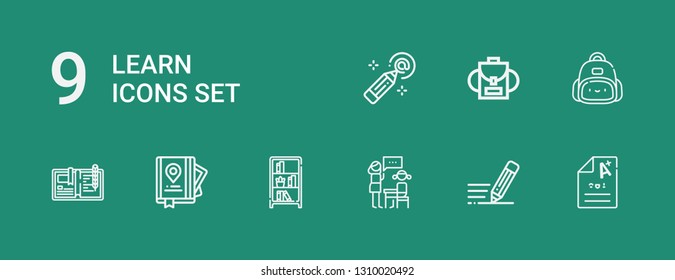 Editable 9 learn icons for web and mobile. Set of learn included icons line Exam, Write, Lesson, Bookcase, Guide, Backpack, Pencil on green background