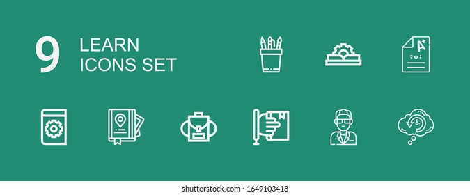 Editable 9 learn icons for web and mobile. Set of learn included icons line Retrocognition, Guide, Learning, Backpack, Manual, Exam, Pencil on green background