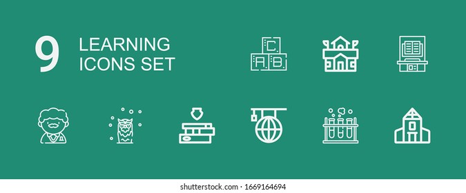 Editable 9 learning icons for web and mobile. Set of learning included icons line School, Chemistry, Learning, Books, Owl, Teacher, Book, Abc on green background
