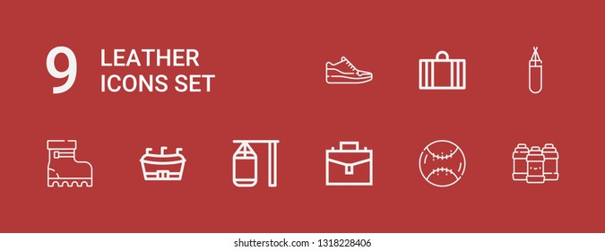 Editable 9 leather icons for web and mobile. Set of leather included icons line Acrylic, Baseball, Suitcase, Punching bag, Football, Boots, Sneakers on red background
