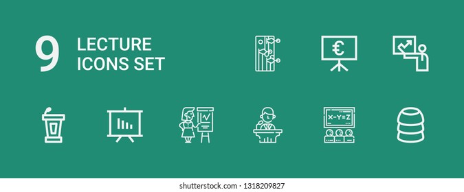Editable 9 lecture icons for web and mobile. Set of lecture included icons line Training, Class, Conference, Presentation on green background