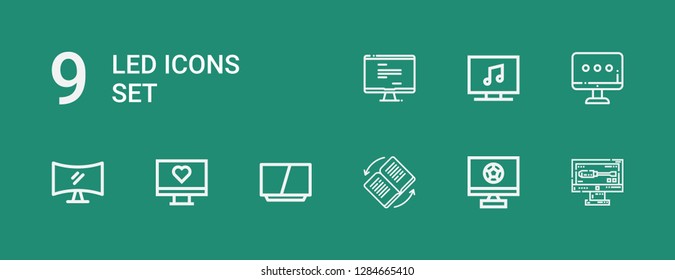 Editable 9 led icons for web and mobile. Set of led included icons line Monitor, Television, Invert on green background