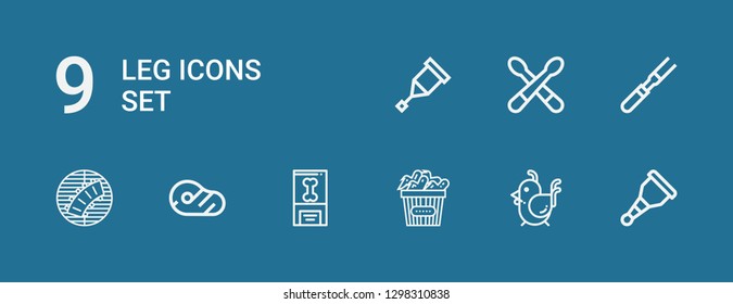 Editable 9 leg icons for web and mobile. Set of leg included icons line Wooden leg, Chicken, Bone, Meat, Ribs, Drumsticks, Crutch on blue background