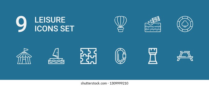 Editable 9 leisure icons for web and mobile. Set of leisure included icons line Picnic table, Rook, Carabiner, Puzzle, Windsurf, Circus tent, Casino chip, Gardening on blue background