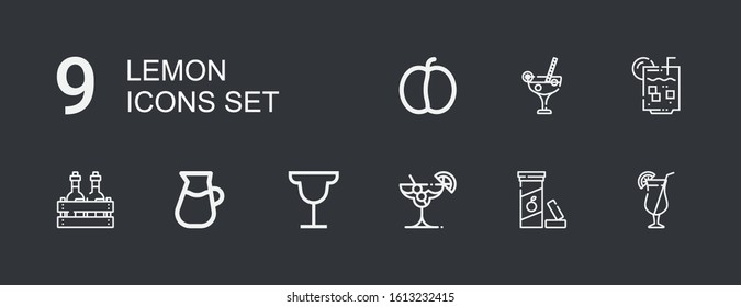 Editable 9 lemon icons for web and mobile. Set of lemon included icons line Cocktail, Vitamin c, Lemonade, Alcoholic drink, Lemon juice, Plum on dark background