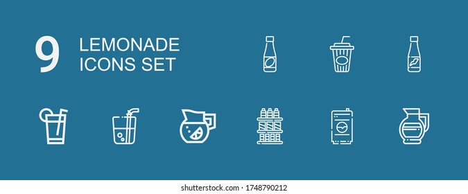 Editable 9 lemonade icons for web and mobile. Set of lemonade included icons line Lemonade, Drink, Drinks, Cola, Juice on blue background