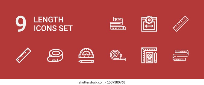 Editable 9 length icons for web and mobile. Set of length included icons line Measuring tape, Ruler, Web size on red background