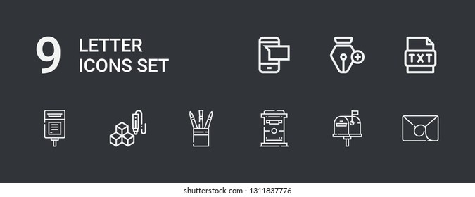 Editable 9 letter icons for web and mobile. Set of letter included icons line Email, Mailbox, Set, d cube, Text, Pen, Sms on dark background