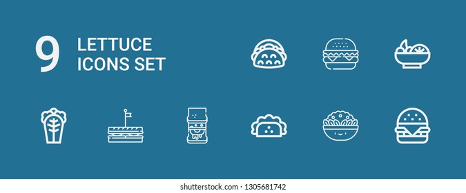 Editable 9 lettuce icons for web and mobile. Set of lettuce included icons line Hamburger, Salad, Taco, Sandwich, Cabbage, Burger on blue background