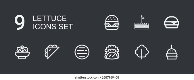 Editable 9 lettuce icons for web and mobile. Set of lettuce included icons line Burger, Lettuce, Taco, Hamburger, Sandwich, Salad on dark background