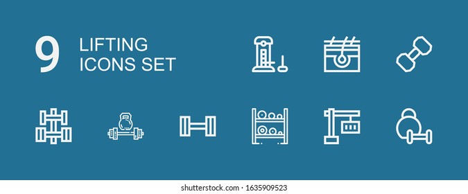 Editable 9 lifting icons for web and mobile. Set of lifting included icons line Weightlifting, Crane, Dumbbell, Skin, Strength on blue background