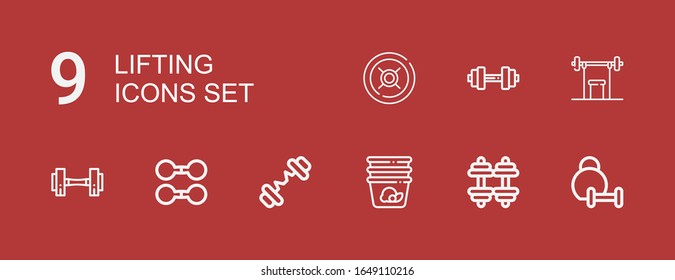 Editable 9 lifting icons for web and mobile. Set of lifting line icons including: Weightlifting, Dumbbell, Container, Barbell, Weight on red background