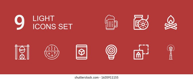 Editable 9 light icons for web and mobile. Set of light included icons line Lamp post, Graphic design, Idea, d, Watermelon, Bonfire, Filament, Beer on red background