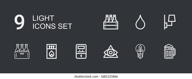 Editable 9 light icons for web and mobile. Set of light included icons line Beer, Light, Eye, Voltmeter, Matches, Lamp, Blur on dark background
