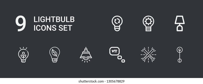Editable 9 lightbulb icons for web and mobile. Set of lightbulb included icons line Lamp, Glow, Thinking, Bulb, Idea, Light on dark background