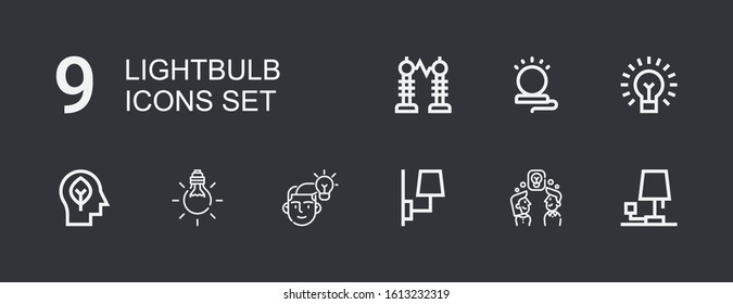 Editable 9 lightbulb icons for web and mobile. Set of lightbulb included icons line Lamp, Idea, Tungsten, Inspiration, Lightbulb, Electricity on dark background