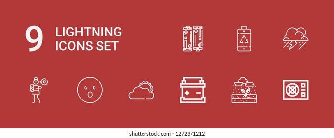 Editable 9 Lightning Icons For Web And Mobile. Set Of Lightning Included Icons Line Power, Rain, Battery, Sun Cloud, Shocked, Lullaby, Storm On Red Background