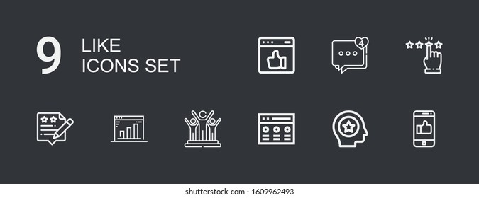 Editable 9 like icons for web and mobile. Set of like included icons line Like, Favorite, Rate, Success, Marketing, Rating, Comment on dark background