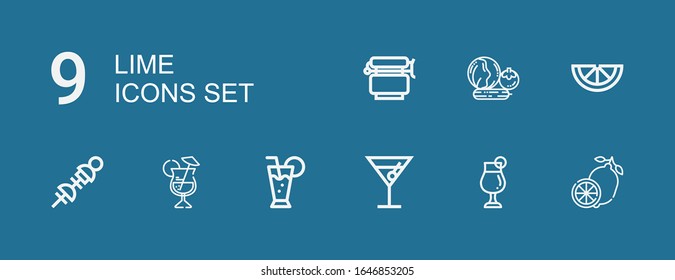 Editable 9 lime icons for web and mobile. Set of lime included icons line Lemon, Cocktail, Vegetables, Jar on blue background