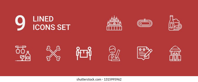 Editable 9 lined icons for web and mobile. Set of lined included icons line Bar, Rating, Interview, Delivery, Bones, Bath, Thatbyinnyu temple on red background
