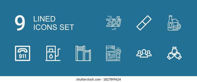 Editable 9 lined icons for web and mobile. Set of lined included icons line Teamwork, Diploma, Bar, Gas station, , Rubber, Delivery on blue background
